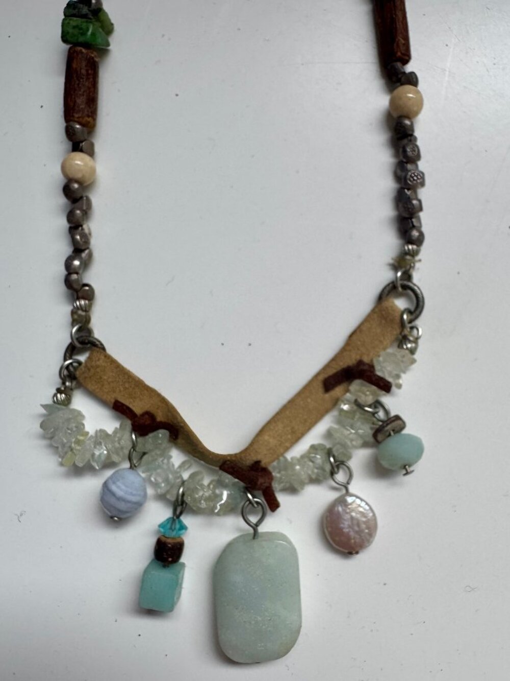 16" Leather Necklace with Mixed Stones and Shell